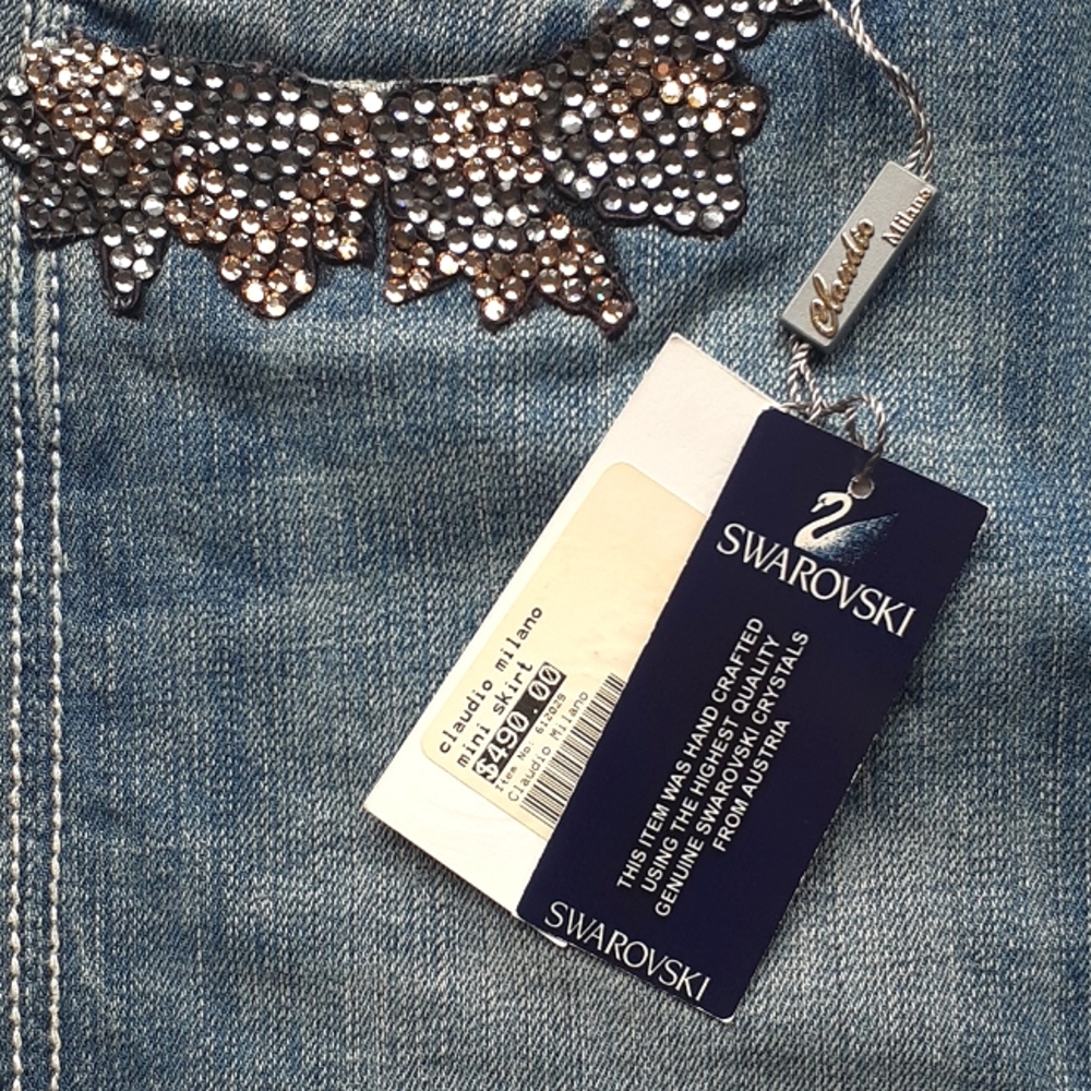 Swarovski Claudio Milano Crystal Denim Miniskirt Jean Miniskirt Size S - Picture 3 of 10